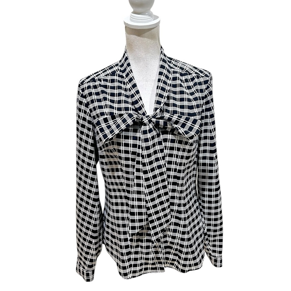 Tahari ASL Black & White Checkered bow polyester Blouse size small